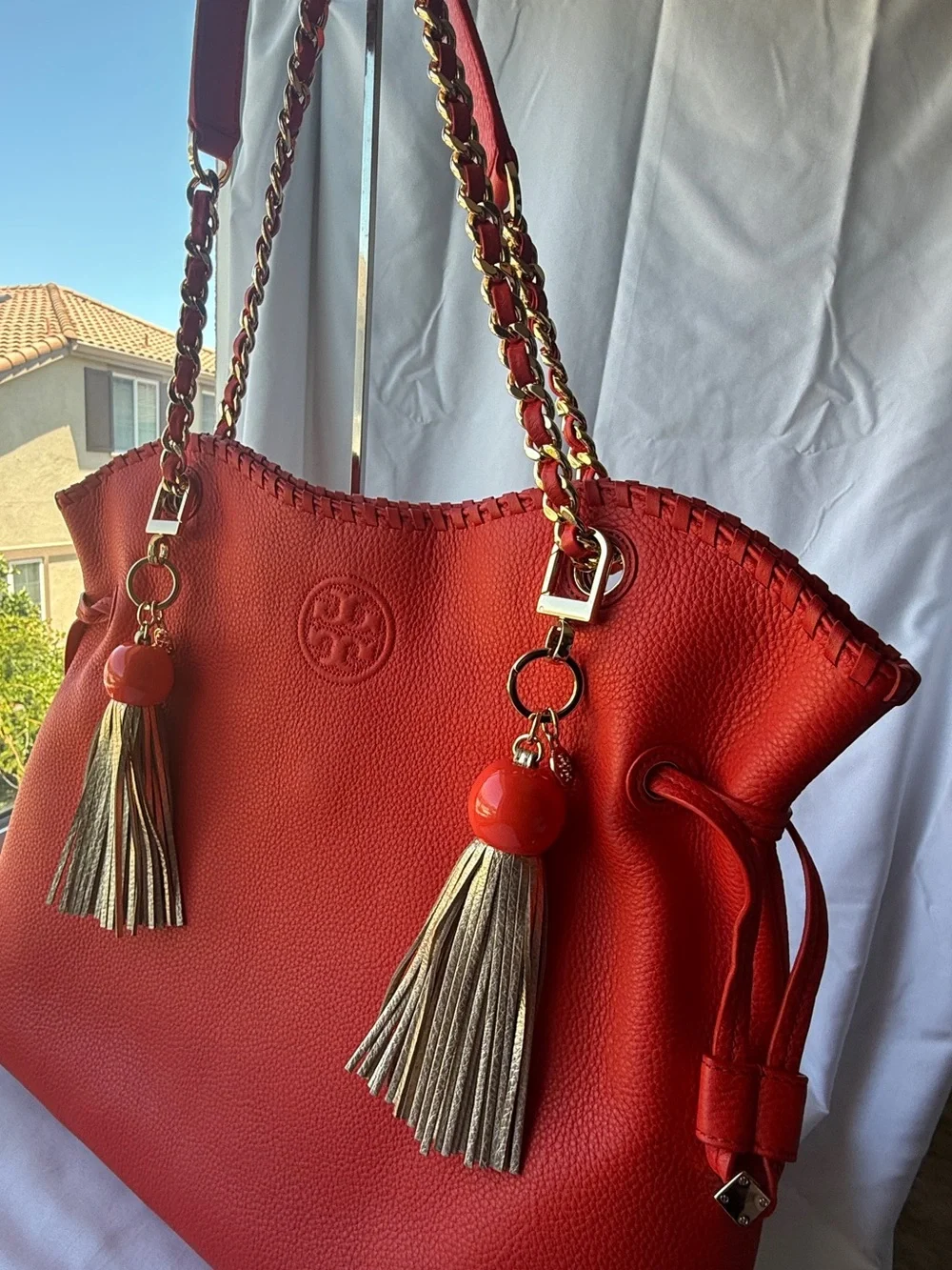 Authentic Tory Burch Marion Chain Slouchy Tote – Pebbled Leather